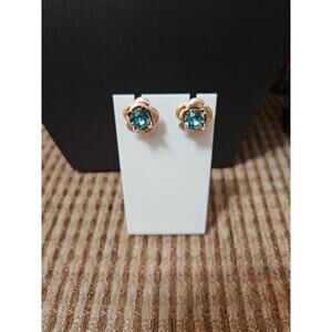 Aqua Swarovski Element with Tan Rosette Pierced Earrings